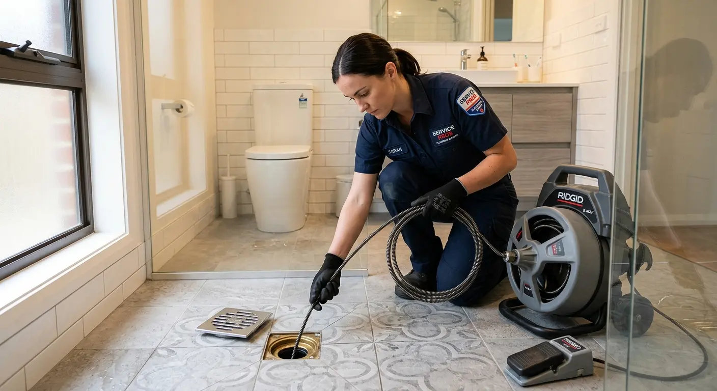 Technician clearing a bathroom floor drain for Sewer Line Installation in Chocolay